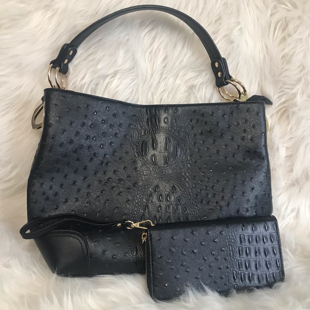 Black Croc Shoulder Bag and Matching Wallet Set